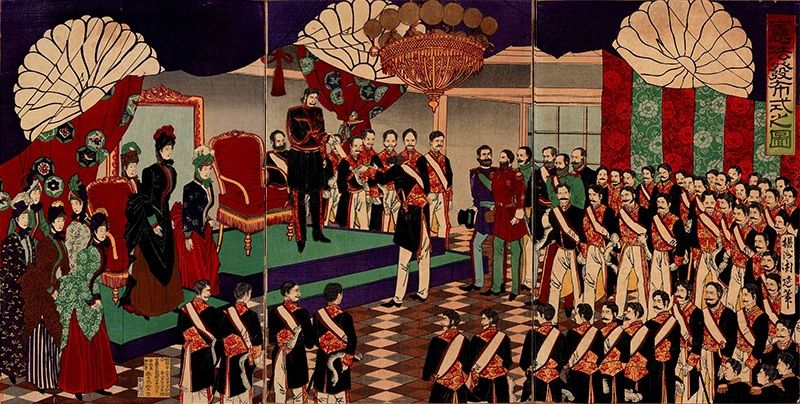 La ilustración Kenpō happushiki no zu recoge la ceremonia de promulgación de la Constitución Meiji (Colección Especial de la Librería Metropolitana de Tokio).